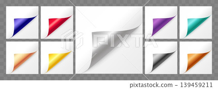 Colored foil with swirls. Realistic metallic pages with rounded bent corners. Blank stickers. Note paper. 3D empty memo. Glossy metal folds. Vector set of templates with rounded edges Colored foil with swirls. Realistic metallic pages with rounded bent corners. Blank stickers. Note paper. 3D empty memo. Glossy metal folds. Vector set of templates with rounded edges 139459211