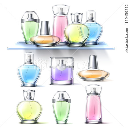 Colored perfumes in glass bottles. Realistic perfume packaging design. Fragrance cosmetics. Toilet water vials of various shapes on shelf. Aromatic beauty products on rack. Vector isolated flasks set Colored perfumes in glass bottles. Realistic perfume packaging design. Fragrance cosmetics. Toilet water vials of various shapes on shelf. Aromatic beauty products on rack. Vector isolated flasks set 139459212