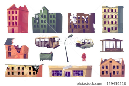 Damaged urban structures. Destroyed buildings. Broken cars and buses. Smashed streetlights. Dilapidated dwelling. Post apocalyptic urban landscape after disaster elements vector set Damaged urban structures. Destroyed buildings. Broken cars and buses. Smashed streetlights. Dilapidated dwelling. Post apocalyptic urban landscape after disaster elements vector set 139459218