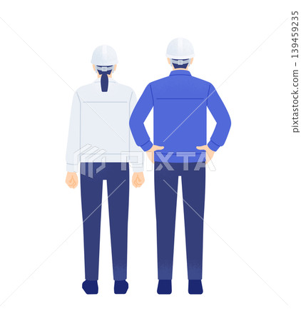 一張全身向量圖,描繪了兩名建築工人,一男一女,從背後拍攝,傳達出自信和力量感。 一張全身向量圖,描繪了兩名建築工人,一男一女,從背後拍攝,傳達出自信和力量感。 139459235