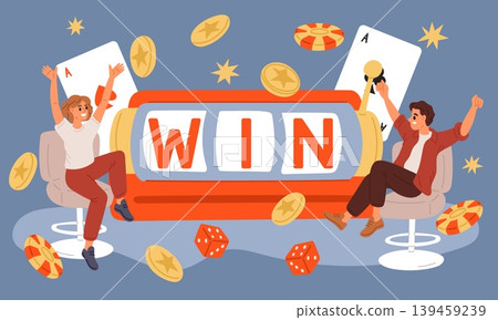 Happy people play slot machines. Man and woman celebrate their winnings from gambling. Luck and good fortune. Blackjack poker card and roulette bet chips. Gamble win. Vector concept Happy people play slot machines. Man and woman celebrate their winnings from gambling. Luck and good fortune. Blackjack poker card and roulette bet chips. Gamble win. Vector concept 139459239