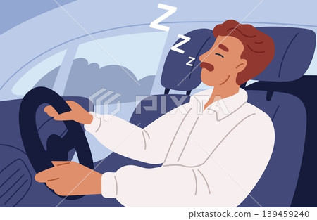 Male driver is sleeping at wheel of moving car. Tired guy has closed his eyes in automobile. Exhausted man. Risk auto collision. Overworked person slumbering in vehicle. Vector concept Male driver is sleeping at wheel of moving car. Tired guy has closed his eyes in automobile. Exhausted man. Risk auto collision. Overworked person slumbering in vehicle. Vector concept 139459240