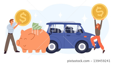 Man and woman are saving money in piggy bank to buy car. Automobile purchase. Young couple carrying and putting gold coins into moneybox. Financial deposit for vehicle. Vector concept Man and woman are saving money in piggy bank to buy car. Automobile purchase. Young couple carrying and putting gold coins into moneybox. Financial deposit for vehicle. Vector concept 139459241
