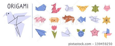 Origami animals. Asian art. Japanese traditional hobby. Pets muzzle. Dove birds. Creative fish and mammals. Handmade geometric flower. Vector set of figures folded from colorful paper 139459250