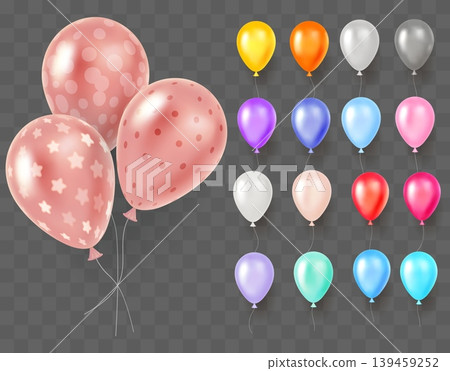 Realistic balloons. Inflated latex orbs at string. 3D floating objects. Celebration decorations and garland elements. Vector image of helium balls with various patterns for holiday party Realistic balloons. Inflated latex orbs at string. 3D floating objects. Celebration decorations and garland elements. Vector image of helium balls with various patterns for holiday party 139459252