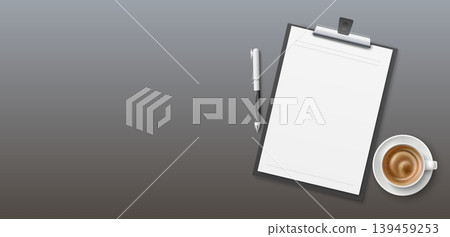 Realistic banner with tablet. Blank white sheet of paper at clipboard. Pen for writing. Cappuccino ceramic mug with saucer. Office stationery top view. Documents folder. Vector background 139459253