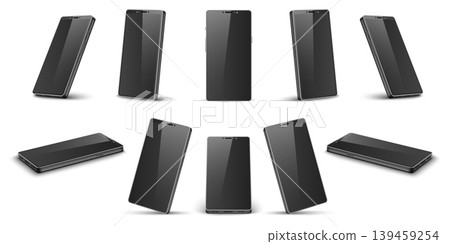 Realistic black phone mockup. Smartphone various view angles. 3D mobile device. Simple cellphone design. Glossy touchscreen. Cellular telephone. Vector isolated electronic gadgets set Realistic black phone mockup. Smartphone various view angles. 3D mobile device. Simple cellphone design. Glossy touchscreen. Cellular telephone. Vector isolated electronic gadgets set 139459254
