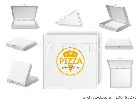 Realistic pizza box mockup. Pure white packaging. 3D models of open and closed packages. Pizzeria order pack for branding. Fastfood packets. Cardboard delivery containers vector set Realistic pizza box mockup. Pure white packaging. 3D models of open and closed packages. Pizzeria order pack for branding. Fastfood packets. Cardboard delivery containers vector set 139459255