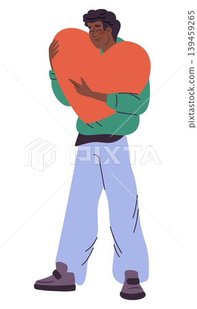 Young man embraces big red heart. Happy guy in love standing with eyes closed. Romantic relationship. Enamored male person cuddling Valentine symbol. Romance and passion. Vector concept Young man embraces big red heart. Happy guy in love standing with eyes closed. Romantic relationship. Enamored male person cuddling Valentine symbol. Romance and passion. Vector concept 139459265