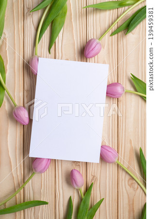 Blank greeting card mockup pink tulips 139459381
