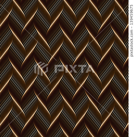 Geometric pattern of undulating, golden-brown wavy lines that mimics the appearance of woven silk or metallic fibers, set against a deep black background. Geometric pattern of undulating, golden-brown wavy lines that mimics the appearance of woven silk or metallic fibers, set against a deep black background. 139459675