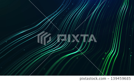 Green blue neon flow lines with glowing digital curves and small particles, abstract technology wave background with futuristic motion depth. Green blue neon flow lines with glowing digital curves and small particles, abstract technology wave background with futuristic motion depth. 139459685