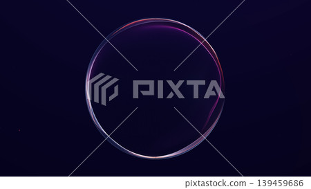 Dark glass sphere with red pink glow and thin luminous rim, abstract futuristic energy orb on deep blue background, clean sci fi digital design. 139459686