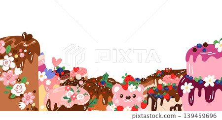 Bakery banner with cakes. Birthday dessert. Sweet cupcakes and pies. Fresh and delicious baked goods. Glazed biscuit with flowers and berries. Confectionery frame. Vector background Bakery banner with cakes. Birthday dessert. Sweet cupcakes and pies. Fresh and delicious baked goods. Glazed biscuit with flowers and berries. Confectionery frame. Vector background 139459696