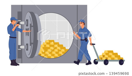 Bank security guard stands near metal door of vault. Man is carrying gold bars into vault. Steel strongbox lock. Finance storage. Banking security. Golden deposit on cart. Vector concept Bank security guard stands near metal door of vault. Man is carrying gold bars into vault. Steel strongbox lock. Finance storage. Banking security. Golden deposit on cart. Vector concept 139459698