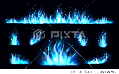 Blue flames. Realistic cold burn effects. 3D lights. Carbon monoxide colored fire. Flammable butane ignition various shapes. Glowing sparks. Hell combustion. Vector isolated elements set 139459700