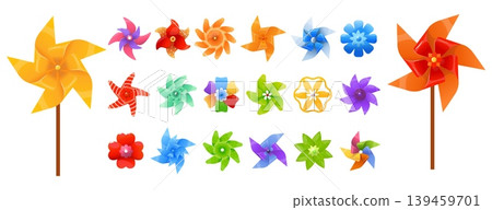 Bright summer spinning toys. Children rotating fans. Breeze mills. Kids propellers with various shape blades. Plastic ventilators. Color vanes rotation. Vector set of paper windmills 139459701