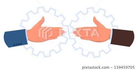 Businesspeople extend hands to each other for handshake. Successful conclusion of deal or partnership contract. Corporate negotiation gears. Partners agreement. Shaking arms. Vector concept Businesspeople extend hands to each other for handshake. Successful conclusion of deal or partnership contract. Corporate negotiation gears. Partners agreement. Shaking arms. Vector concept 139459705
