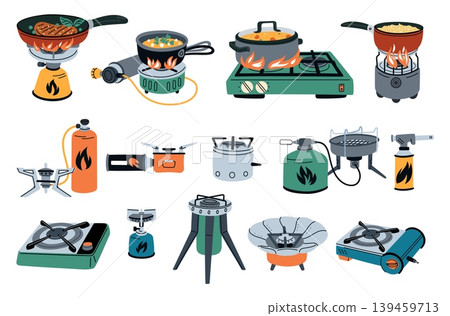 Camping gas stoves. Propane tanks. Hiking and picnic cookers. Camp portable furnaces. Travel fuel cylinder balloons. Saucepan in ovens. Vector set of tourist burners for outdoor cooking Camping gas stoves. Propane tanks. Hiking and picnic cookers. Camp portable furnaces. Travel fuel cylinder balloons. Saucepan in ovens. Vector set of tourist burners for outdoor cooking 139459713