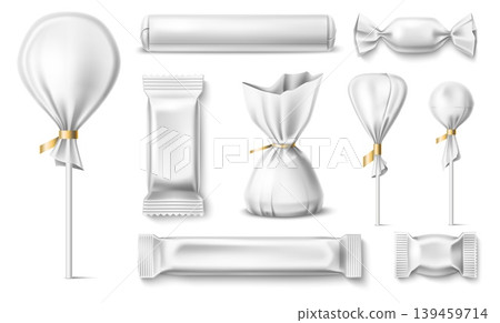 Candy wrappers. Realistic empty paper and plastic packet for various sweets. Chocolate package. Bonbon packaging. Vector mockups of empty foil sachets for delicious confectionery items Candy wrappers. Realistic empty paper and plastic packet for various sweets. Chocolate package. Bonbon packaging. Vector mockups of empty foil sachets for delicious confectionery items 139459714