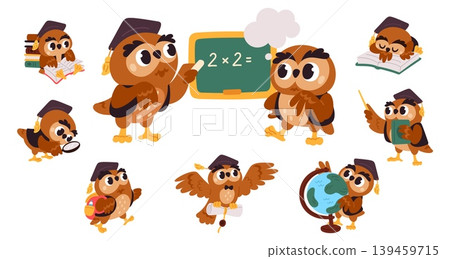 Cartoon character owl. Scholarly bird symbol of education. Funny animal mascot wearing graduation cap. Owlet learning math and reading books. Back to school. Birdie students vector set Cartoon character owl. Scholarly bird symbol of education. Funny animal mascot wearing graduation cap. Owlet learning math and reading books. Back to school. Birdie students vector set 139459715