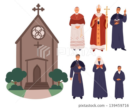 Cartoon characters of Catholic Church. Cathedral building. Ceremonial robes. Monks and priests. Catholicism religion. Temple for praying. Abbot with crucifixion cross. Vector elements set Cartoon characters of Catholic Church. Cathedral building. Ceremonial robes. Monks and priests. Catholicism religion. Temple for praying. Abbot with crucifixion cross. Vector elements set 139459716