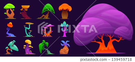 Cartoon fantasy trees. Unusual flora. Alien greenery. Mystical garden. Luminous foliage leaves and curved trunks. Vector set of bright magical forest plants with colorful crowns shapes 139459718