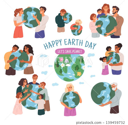 Celebrating Earth Day. Group of happy people hugging globe symbolizing Earth. Family takes care for planet. Ecology and global nature resources. Environment conservation. Vector concept Celebrating Earth Day. Group of happy people hugging globe symbolizing Earth. Family takes care for planet. Ecology and global nature resources. Environment conservation. Vector concept 139459732