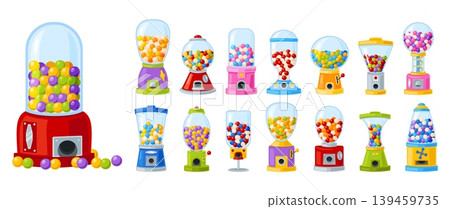 Chewing gum vending machine. Dispensers of various shapes for selling round candies for children. Gashapon balls. Gumballs and sweets in capsules. Bubblegum slot equipment vector set Chewing gum vending machine. Dispensers of various shapes for selling round candies for children. Gashapon balls. Gumballs and sweets in capsules. Bubblegum slot equipment vector set 139459735