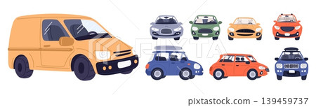 Colorful city cars. Urban vehicles. Road traffic isolated elements. Front and side view of sedans. Empty auto cabin. SUV and sportscar. Vector set of different types of mobile transport Colorful city cars. Urban vehicles. Road traffic isolated elements. Front and side view of sedans. Empty auto cabin. SUV and sportscar. Vector set of different types of mobile transport 139459737