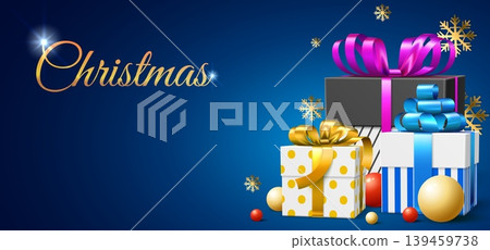 Colorful realistic gift boxes with ribbons and bows on blue background Holiday balloons and gold snowflakes. Decorative presents packaging. New year celebration. Vector Xmas banner 139459738