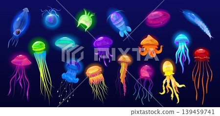 Deep sea jellyfish and plankton. Luminous water inhabitants. Ocean fauna. Poisonous tentacles. Transparent marine medusa. Underwater invertebrate animals. Undersea creatures vector set Deep sea jellyfish and plankton. Luminous water inhabitants. Ocean fauna. Poisonous tentacles. Transparent marine medusa. Underwater invertebrate animals. Undersea creatures vector set 139459741