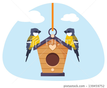 Two little birds sitting on roof of wooden birdhouse. Flying animals. Starling shelters. Handmade craft houses for tits. Titmouse couple. Sparrow dwelling hanging on rope. Vector concept Two little birds sitting on roof of wooden birdhouse. Flying animals. Starling shelters. Handmade craft houses for tits. Titmouse couple. Sparrow dwelling hanging on rope. Vector concept 139459752