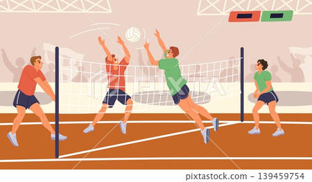 Volleyball tournament. Sports teams compete in game. Players serving and hitting ball through net. Professional athletes championship. Volleyballers play at stadium court. Vector concept Volleyball tournament. Sports teams compete in game. Players serving and hitting ball through net. Professional athletes championship. Volleyballers play at stadium court. Vector concept 139459754