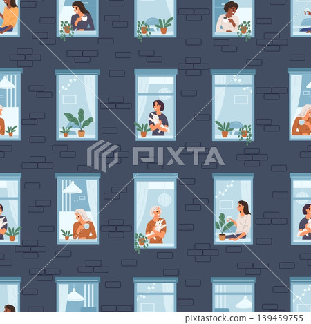 Wall of multi story building with people looking out of windows. Residents of houses seamless pattern. People in apartments. Drinking coffee or playing with pets. Vector background 139459755