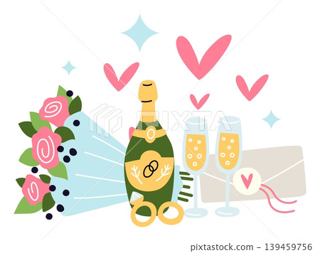 Wedding celebration. Bouquet of flowers. Champagne bottle with glass cups. Engagement gold rings of newlyweds. Marriage ceremony invitation. Love hearts. Drink wineglass. Vector concept Wedding celebration. Bouquet of flowers. Champagne bottle with glass cups. Engagement gold rings of newlyweds. Marriage ceremony invitation. Love hearts. Drink wineglass. Vector concept 139459756