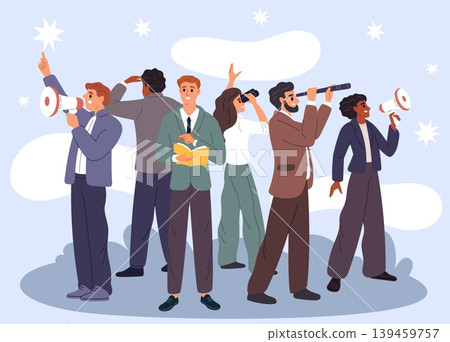 Well coordinated team working to attract employees or customers. Hiring management. People with megaphones and spyglasses. HR managers searching candidates with binoculars. Vector concept Well coordinated team working to attract employees or customers. Hiring management. People with megaphones and spyglasses. HR managers searching candidates with binoculars. Vector concept 139459757
