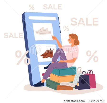 Young woman buying clothes on phone. Online shop. Discounts and shopping addiction. Addicted buyer making purchases with smartphone. Shopaholic depends on store sale. Vector concept Young woman buying clothes on phone. Online shop. Discounts and shopping addiction. Addicted buyer making purchases with smartphone. Shopaholic depends on store sale. Vector concept 139459758