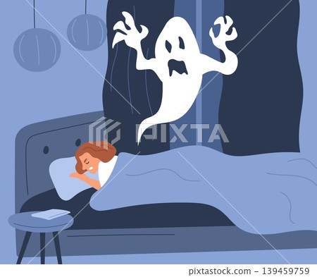Young woman sleeps in bed at night and has nightmare about ghost. Midnight phobia. Frightened girl afraid of boogeyman monster. Scary fantasy dream. Fearful imagination. Vector concept 139459759