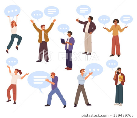 Young women and men with speech bubbles. Speakers dialogue. Conversation and discussion. Female and male communicating. Vector concept of communication and interaction between people Young women and men with speech bubbles. Speakers dialogue. Conversation and discussion. Female and male communicating. Vector concept of communication and interaction between people 139459763