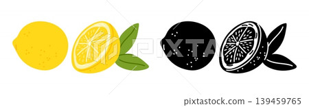 Whole lemon cuts. Yellow and black silhouette fruit slices. Tropical juicy citron with leaves. Refreshing lemonade. Food summer product. Natural sweet parts. Vector set of citrus icons Whole lemon cuts. Yellow and black silhouette fruit slices. Tropical juicy citron with leaves. Refreshing lemonade. Food summer product. Natural sweet parts. Vector set of citrus icons 139459765