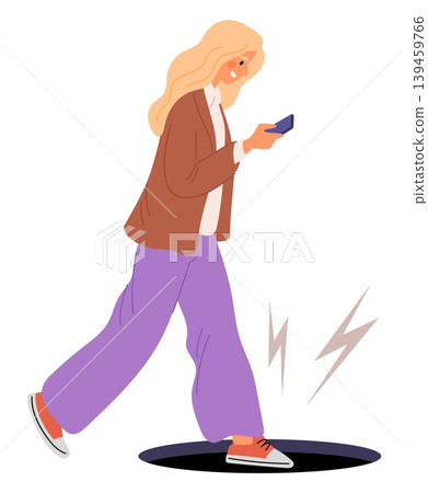 Woman walks while looking at her phone screen and falls into hole in road. Accident due to inattentiveness and distraction. Smartphone addiction. Dangers for pedestrian. Vector concept Woman walks while looking at her phone screen and falls into hole in road. Accident due to inattentiveness and distraction. Smartphone addiction. Dangers for pedestrian. Vector concept 139459766