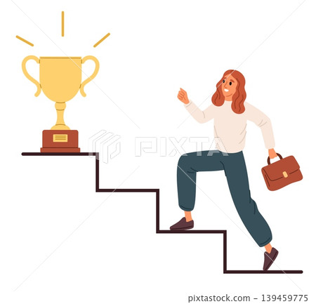Young businesswoman climbs ladder to trophy. Girls steps towards achieving success. Staircase to gold award. Goal achievement. Job ambition challenge. Path to leadership. Vector concept Young businesswoman climbs ladder to trophy. Girls steps towards achieving success. Staircase to gold award. Goal achievement. Job ambition challenge. Path to leadership. Vector concept 139459775