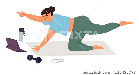 Young overweight woman does yoga using online lessons. Sports training video tutorial at laptop. Fitness at home. Fat girl slimming. Stretching workout. Athletic exercises. Vector concept Young overweight woman does yoga using online lessons. Sports training video tutorial at laptop. Fitness at home. Fat girl slimming. Stretching workout. Athletic exercises. Vector concept 139459778