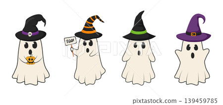 Set of creepy Halloween ghosts wearing witch hats. Set of creepy Halloween ghosts wearing witch hats. 139459785