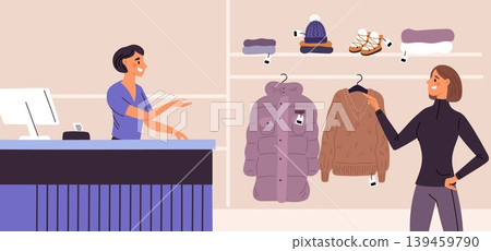 Young woman chooses warm outerwear for cold weather in store. Buyers trying coat in shop. Seller at counter. Boutique customer. People making outfit purchase. Vector shopping concept 139459790
