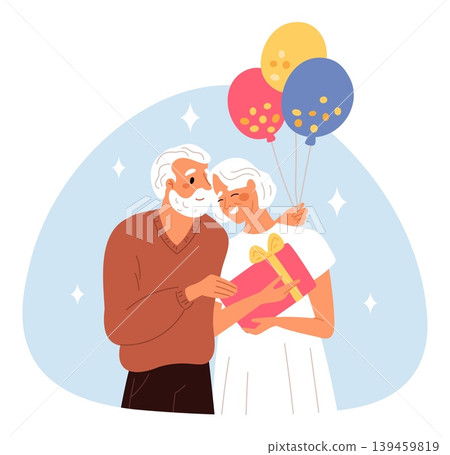 Elderly loving couple. Happy man and woman hugging. Grandparents celebration with gifts and balloons. Celebrating birthday or wedding anniversary. Mature family happiness. Vector concept Elderly loving couple. Happy man and woman hugging. Grandparents celebration with gifts and balloons. Celebrating birthday or wedding anniversary. Mature family happiness. Vector concept 139459819