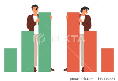 Joyful and sad businessman stands next to chart showing growth or decline. Investment statistic. Economy crisis. Financial recession. Increase or decrease infographic. Vector concept Joyful and sad businessman stands next to chart showing growth or decline. Investment statistic. Economy crisis. Financial recession. Increase or decrease infographic. Vector concept 139459823