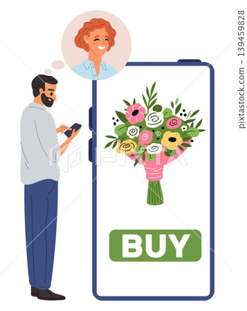 Man buys bouquet of flowers for his girlfriend online using app on his phone. Smartphone screen. Mobile display. Floristic shop delivery. Male paying for blossoms bunch. Vector concept 139459828