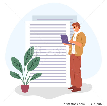 Man with laptop is writing text. Copywriter work. Commercial text creating. Document author. Journalist making blog content. Writer editing novel article. Essay big page. Vector concept 139459829